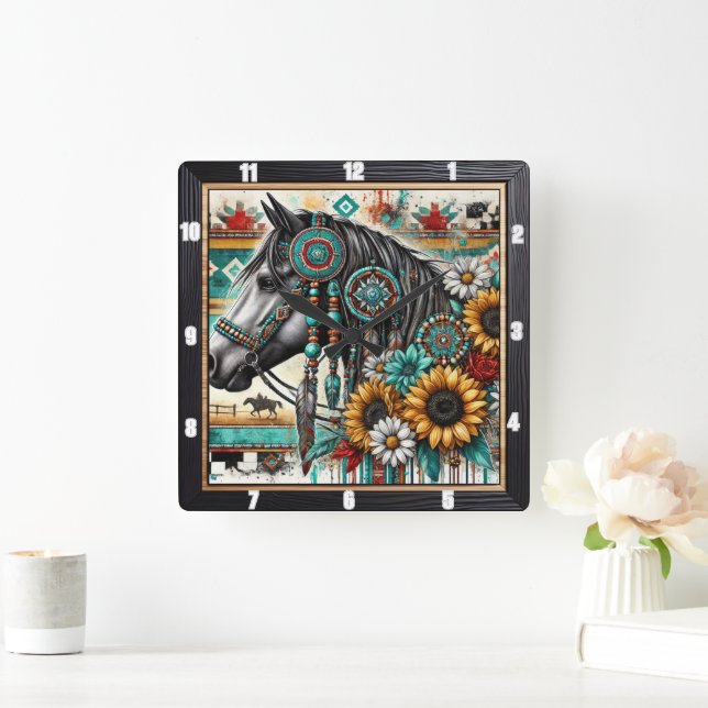 Relógio Quadrado Boho Horse Sunflower (Lar)