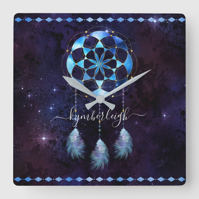 Relógio Quadrado Boho Indigo Tribal Celestial Mandala Dreamcatcher (Frente)