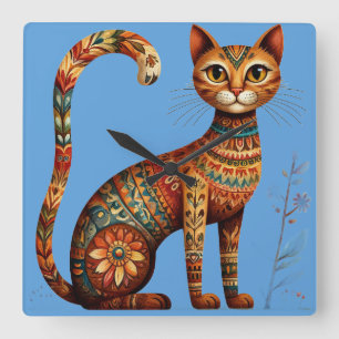 Relógio Quadrado Boho Tribal Gato Arte Popular Fofa com Flores