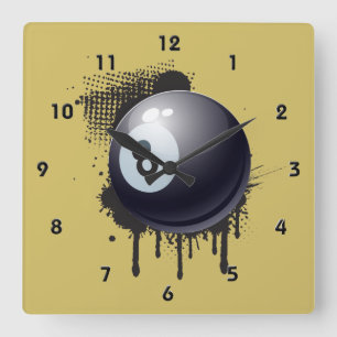 Relógio Quadrado Bola de bilhar no Splotch preto abstrato