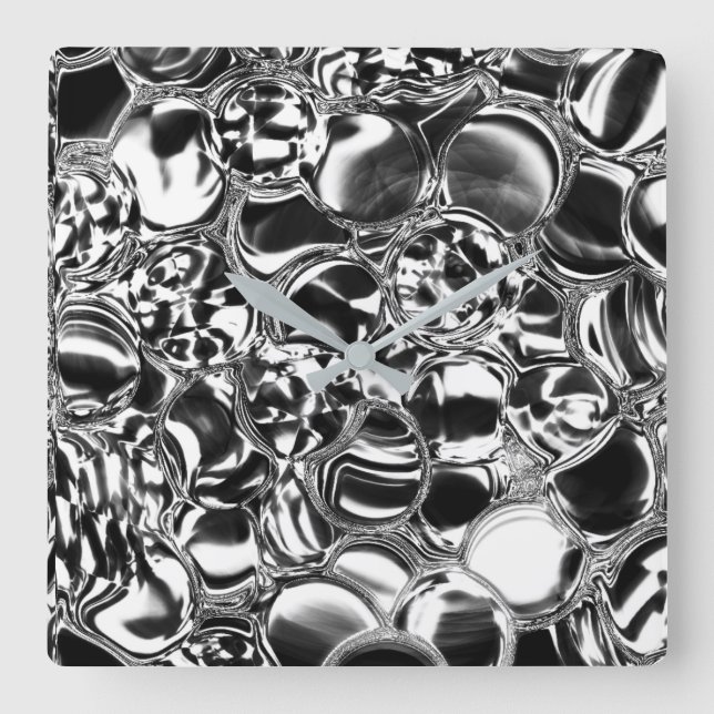 Relógio Quadrado Bolhas de prata com tom de vidro ou metal  (Frente)