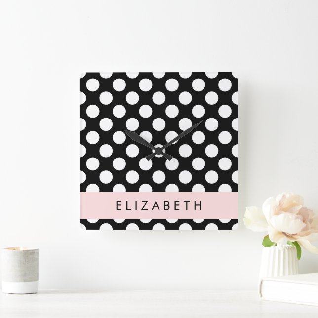 Relógio Quadrado Bolinhas Pretas e Brancas, Pontas, Seu Nome (Lar)