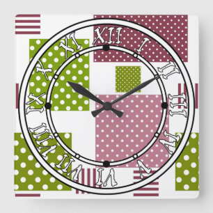 Relógio Quadrado Bolinhas verdes, castanhas, de cor branca