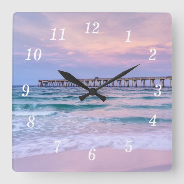 Relógio Quadrado Bom dia Navarre Beach Pier Wall Clock (Frente)