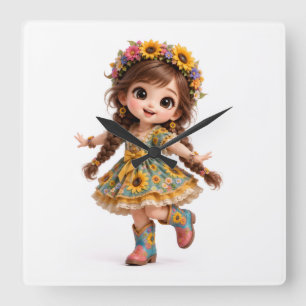 Relógio Quadrado Boneca Menina Fofa Vestido Floral Camiseta Cartoon