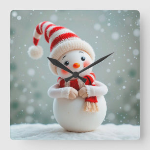 Relógio Quadrado Boneco de Neve Alegre com Chapéu de Festa