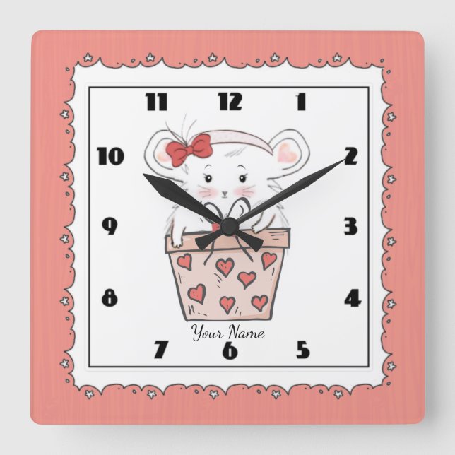 Relógio Quadrado Bonita Garota Rosa-de-Hamster (Frente)