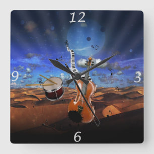 Relógio Quadrado Bonitas notas de música violino, tambores de pian