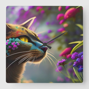 Relógio Quadrado Bonito Fantasia Flor Cat