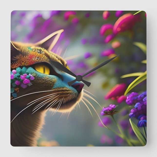 Relógio Quadrado Bonito Fantasia Flor Cat (Frente)
