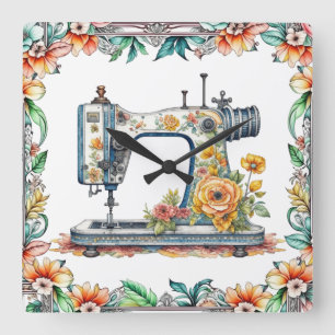 Relógio Quadrado Bonito Máquina Floral de Vintagem e Flores