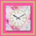 Relógio Quadrado Bonito nome personalizado Cor-de-rosa-rosa-rosa-Do<br><div class="desc">Belo design floral, cor-de-rosa e branco, com cestaria dourado. Esta design feminina adorável é tão gira e totalmente luxuosa. As flores bonito de cor pastel macio certamente vão iluminar seu dia. Quem disse que o dia a dia tem que ser trabalho e sem brilho? Na moda e chic, isto é...</div>