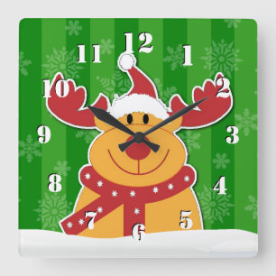 Relógio Quadrado Bonito Rudolph na Neve Natal Verde