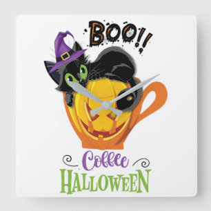 Relógio Quadrado Boo Black Cat, Assustador Pumpkin Café Halloween