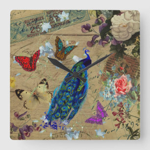 Relógio Quadrado Borboleta bonito do pavão colorido azul do vintag
