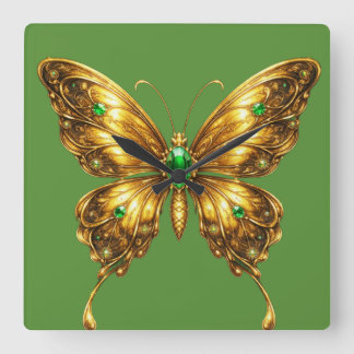 Relógio Quadrado Borboleta Cristal Esmeralda Dourada