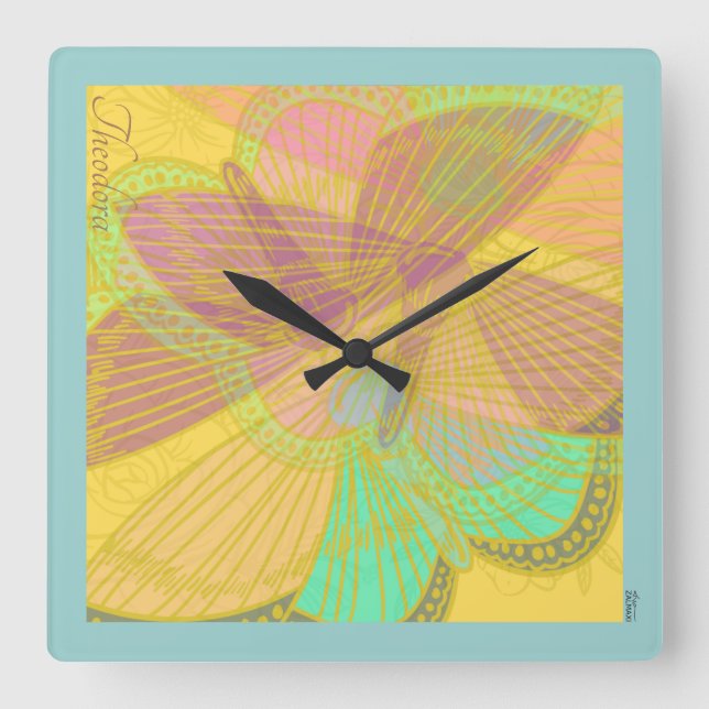 Relógio Quadrado Borboleta Dourada Chic Amarelo (Frente)