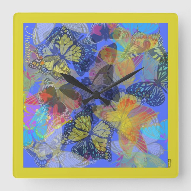 Relógio Quadrado Borboleta Dourada Chic Amarelo (Frente)