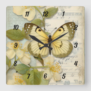 Relógio Quadrado Borboleta e Flores Vintage