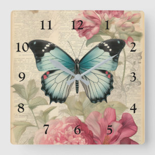 Relógio Quadrado Borboleta e Flores Vintage
