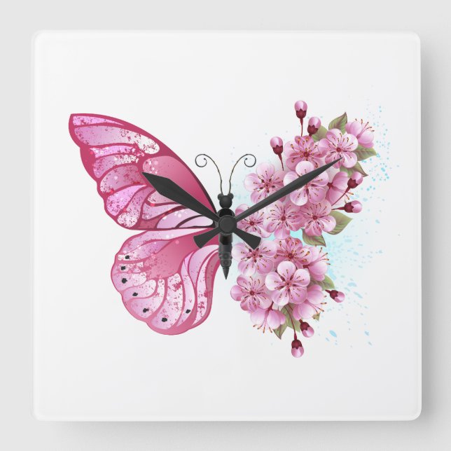 Relógio Quadrado Borboleta Flor com Sakura Rosa (Frente)