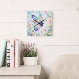 Relógio Quadrado Borboleta Floral Colorida em Aquarela