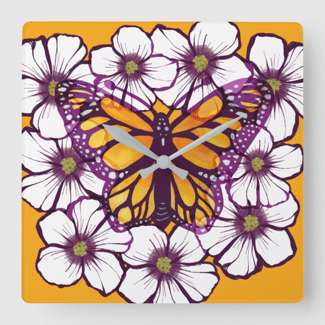 Relógio Quadrado Borboleta Monarca Floral (Frente)