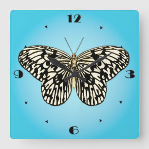 Relógio Quadrado Borboleta preto e branco na turquesa