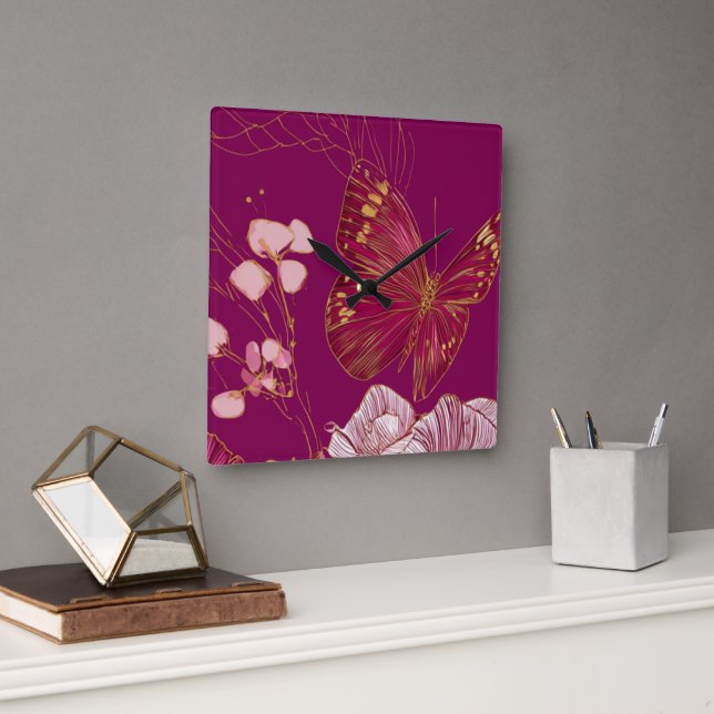 Relógio Quadrado Borboleta Rosa (Escritório)
