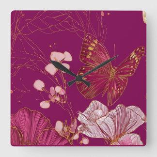 Relógio Quadrado Borboleta Rosa