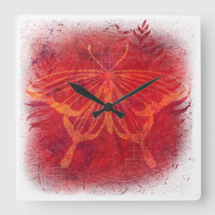 Relógio Quadrado Borboleta Vermelha Abstrato, Arte em Grunha