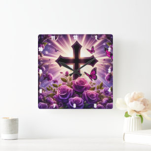Relógio Quadrado Borboletas Rosa púrpura Cruz radiante