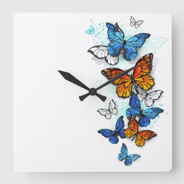 Relógio Quadrado Borboletas voadoras Morpho e Monarca (Frente)