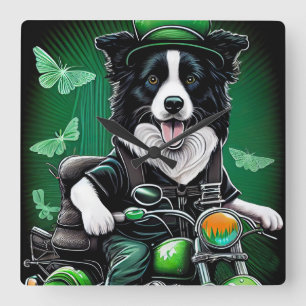Relógio Quadrado Border Collie Cão Dirigindo Bicicleta Dia de São P