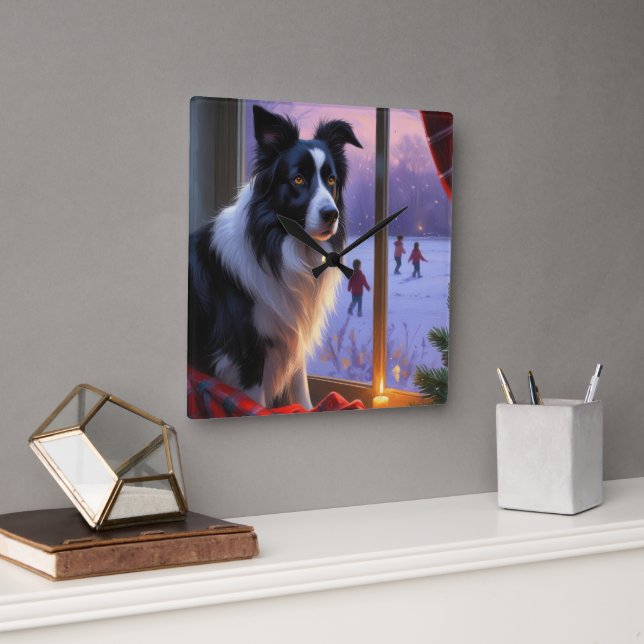 Relógio Quadrado Border Collie Com Luzes de Natal Feriado (Escritório)