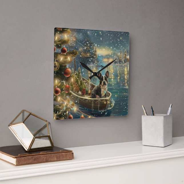 Relógio Quadrado Boston Terrier Christmas Fesage Voyage (Escritório)