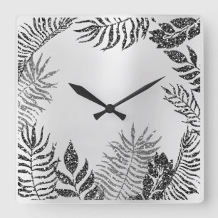 Relógio Quadrado Botânico metálico do brilho preto mínimo das