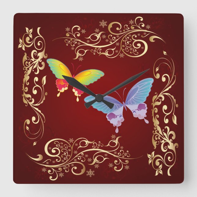 Relógio Quadrado Botterfly Art 1 Wall Clocks e Opções Numerais (Frente)