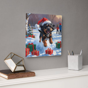 Relógio Quadrado Bouviers des Flandres Natal Cena de Neve Festiva