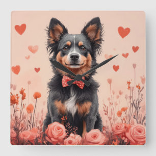 Relógio Quadrado Bovinos australianos com Rosas - Dia de os namorad