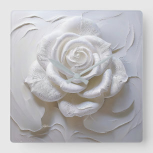 Relógio Quadrado Branco sobre Branco - Rosa Esculpida