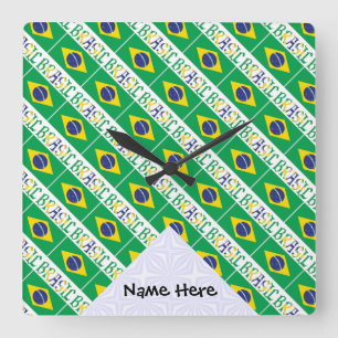 Relógio Quadrado Brasil e bandeira brasileira são unidos com seu n