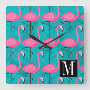 Relógio Quadrado Bright Flamingo Pattern Adicione a sua versão in