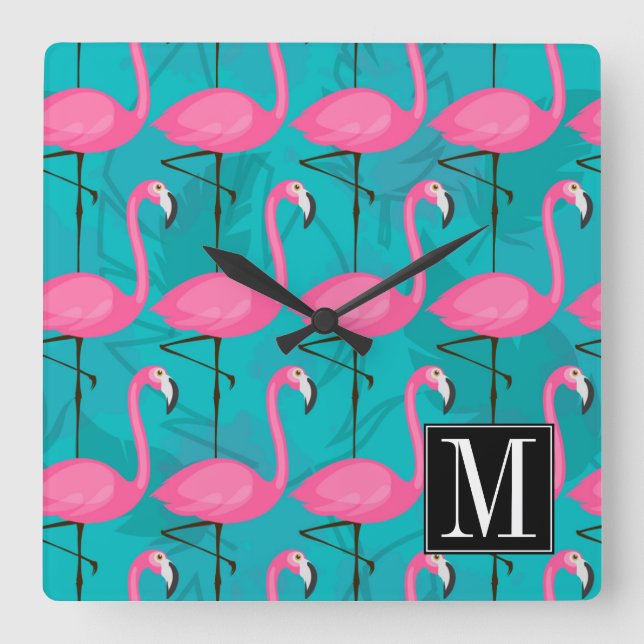 Relógio Quadrado Bright Flamingo Pattern | Adicione a sua versão in (Frente)