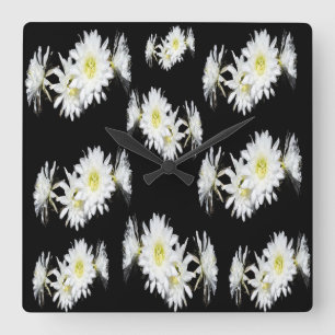 Relógio Quadrado Brilhantes À Meia-Noite: Flores Brancas De Cactus