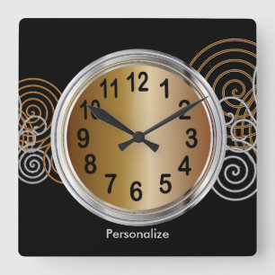 Relógio Quadrado Bronze abstrato e design metálico de prata