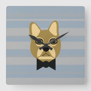 Relógio Quadrado Brown Frenchie Bulldog, Stripes