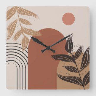 Relógio Quadrado Brown Modern Boho Abstract Botanical Square Clock