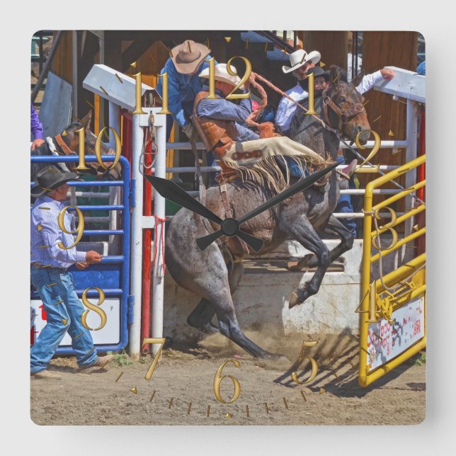 Relógio Quadrado Bucking Bareback Bronco e Rodeo Cowboy Clock (Frente)