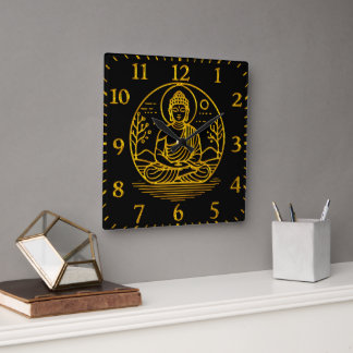 Relógio Quadrado Buda Dourado sentado na Meditação Serena